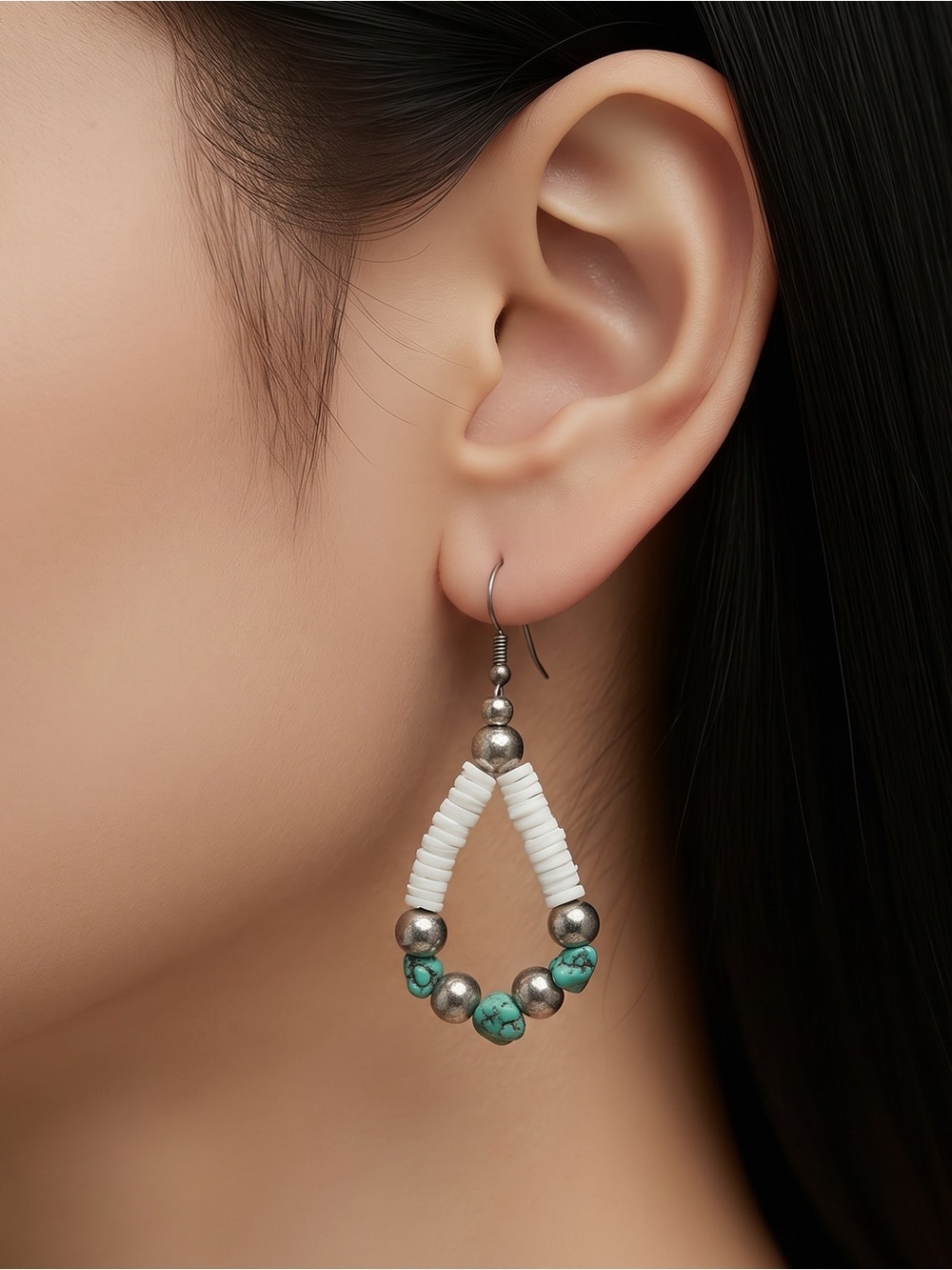 Handmade White & Turquoise Beaded Hoop Earrings - Women Jewelry☑️